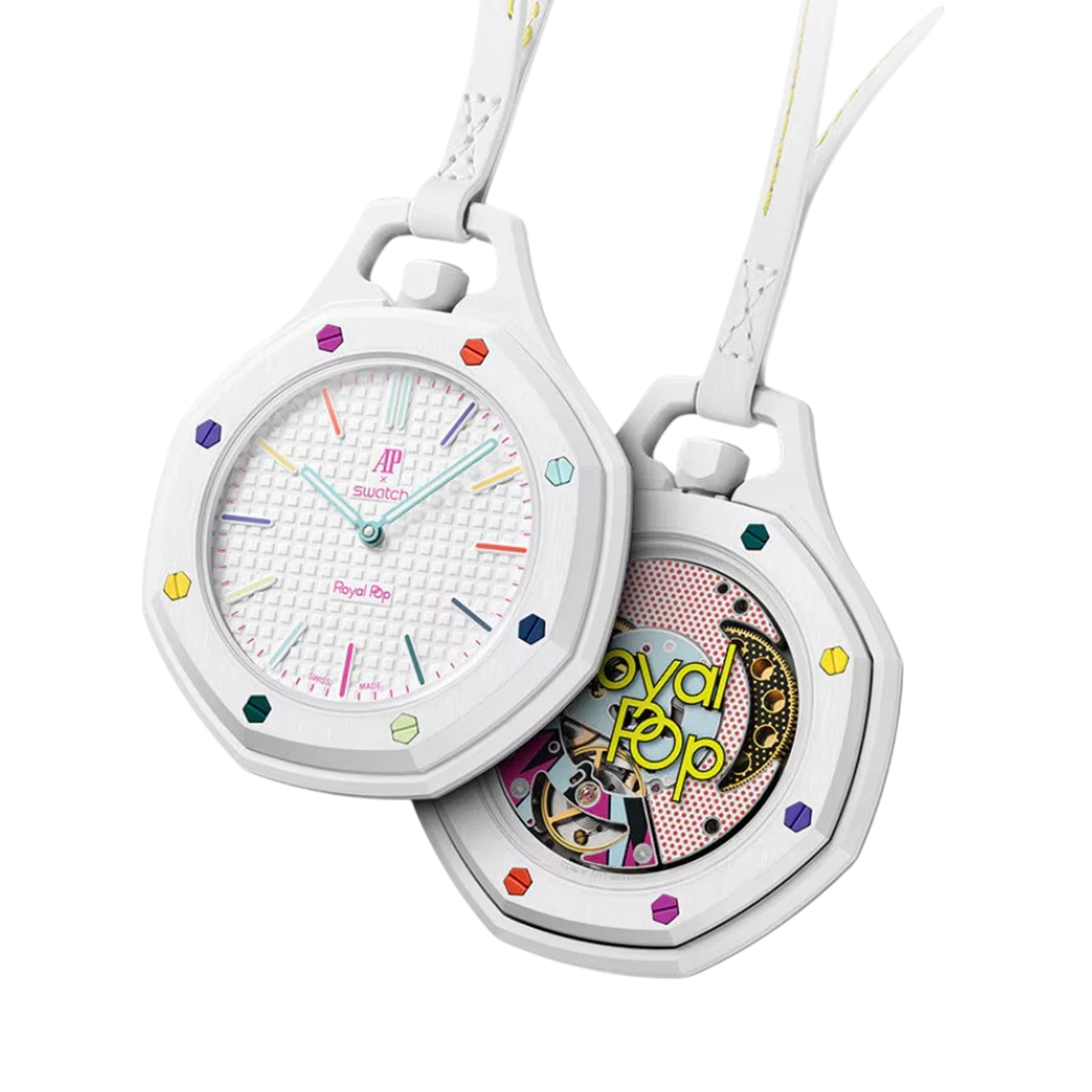 Swatch x AP Royal Pop White Dial White Leather Strap Watch for Men - Huit Blanc