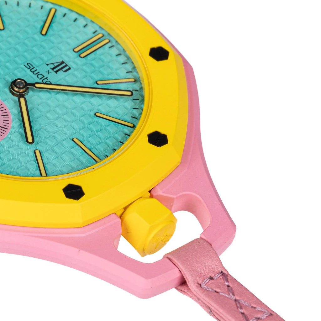 Swatch x AP Royal Pop Blue Dial Pink Leather Strap Watch for Women - Otg Roz